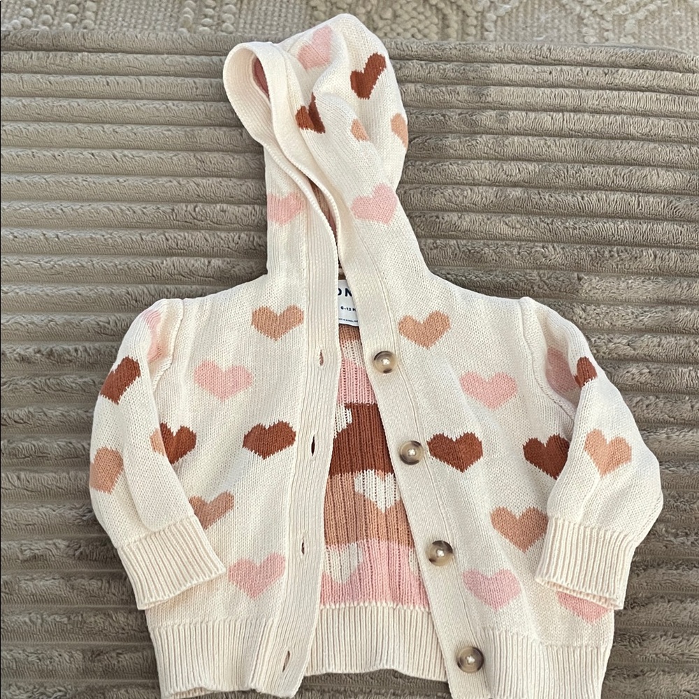 Old Navy Cream Hooded Cardigan with Pink and Brown Hearts